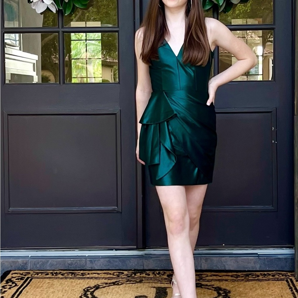 Blondie Nites Emerald Satin V-Neck Ruffle Mini Dress